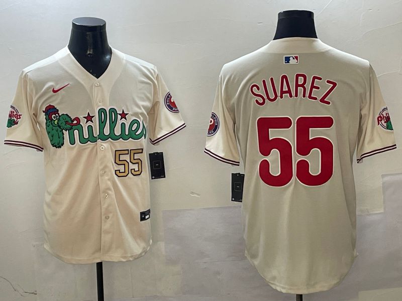 Men Philadelphia Phillies #55 Suarez Cream Three generations Joint Name Game 2025 Nike MLB Jersey style 4->philadelphia phillies->MLB Jersey